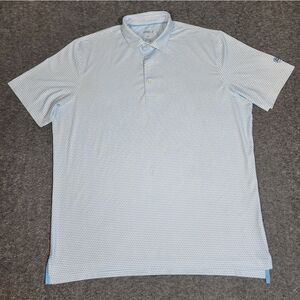 johnnie-O Squirly Performance Polo XL White Blue Dot Golf Shirt Stretch NC Crest